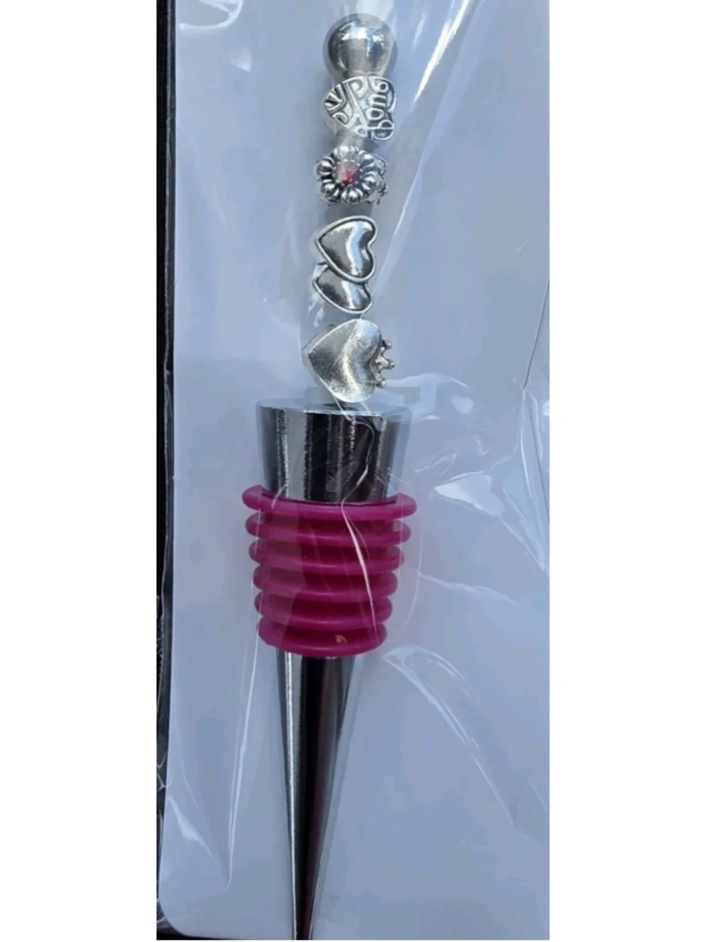 Handcrafted Silver Tone Heart Bottle Stopper w/ Pink Rubber Cork Plug, Reusable